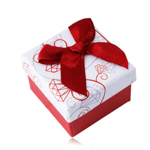 Bíločervená dárková krabička na náušnice a prsten - ornamenty a červená mašle