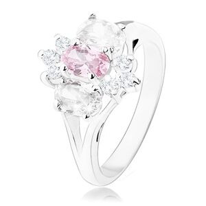 Blýskavý prsten ve stříbrném odstínu, rozdělená ramena, růžovo-čirý květ - Velikost: 60