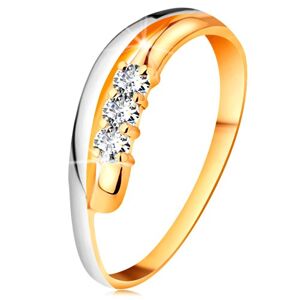 Briliantový prsten ve 14K zlatě, zvlněné dvoubarevné linie ramen, tři čiré diamanty - Velikost: 53