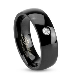 Černý ocelový prsten, lesklá zaoblená ramena, čirý zirkonek, 6 mm - Velikost: 67