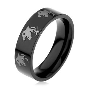 Černý ocelový prsten, potisk s vlky stříbrné barvy, 6 mm - Velikost: 55