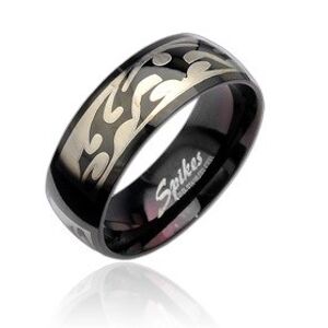 Černý ocelový prsten se vzorem Tribal ve stříbrné barvě - Velikost: 61