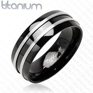 Černý prsten z titanu - dva stříbrné tenké pásy - Velikost: 54