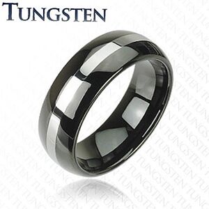 Černý prsten z wolframu, pás stříbrné barvy, zaoblený povrch, 8 mm - Velikost: 59