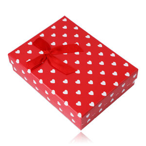 Červená dárková krabička na set nebo náhrdelník - bílá srdíčka, ozdobná mašlička
