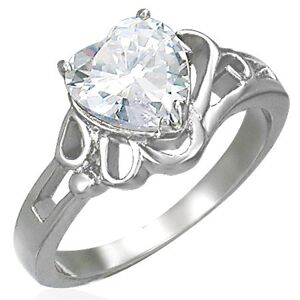 Dámský lesklý ocelový prsten, velké čiré zirkonové srdce - Velikost: 60