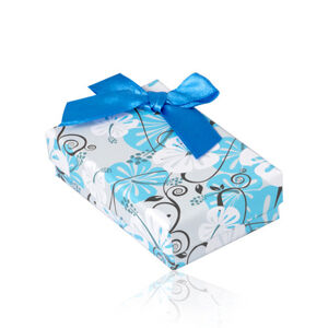 Darčeková krabička na set nebo náhrdelník, orientální květinový vzor v bílo-modré kombinaci barev, mašle