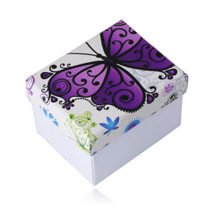 Dárková krabička na náušnice nebo prsten - bílá barva, horní část ozdobená fialovým motýlem