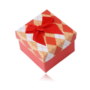 Dárková krabička na prsten nebo náušnice - károvaný vzor, červená mašlička