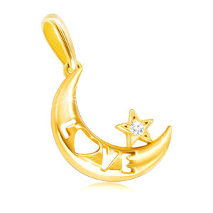 Diamantový přívěsek ze 14K žlutého zlata - měsíc s nápisem "LOVE", hvězda s briliantem
