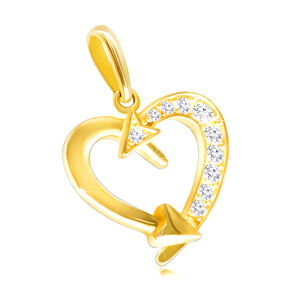 Diamantový přívěsek ze žlutého 14K zlata - kontura srdce zdobená šípy, čiré brilianty