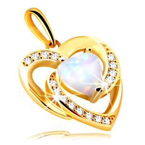 Diamantový přívěsek ze žlutého 14K zlata - srdce z bílého syntetického opálu, čiré brilianty