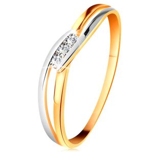 Diamantový prsten ze 14K zlata, tři čiré brilianty, rozdělená zvlněná ramena - Velikost: 57