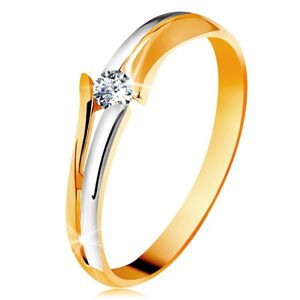 Diamantový zlatý prsten 585, zářivý čirý briliant, rozdělená dvoubarevná ramena - Velikost: 62