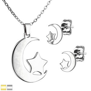 Dvojdílný set z chirurgické oceli - náušnice a náhrdelník ve tvaru půlměsíce s hvězdou - Barva: Stříbrná