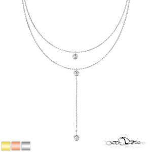 Dvojitý náhrdelník z chirurgické oceli - čiré krystalky v objímkách, PVD, karabinka - Barva: Stříbrná