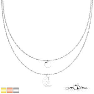Dvojitý náhrdelník z chirurgické oceli - medailon, měsíc a hvězda, PVD, karabinka - Barva: Stříbrná