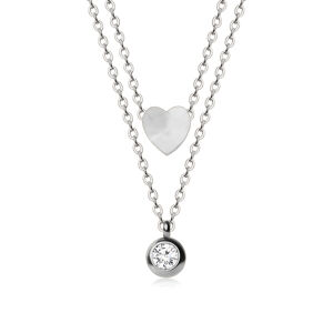 Dvojitý ocelový náhrdelník - srdíčko a čirý zirkon v objímce, stříbrná barva