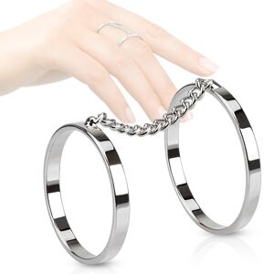 Dvojitý prsten z oceli, rhodiované obroučky spojené řetízkem - Velikost: 57