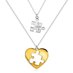 Dvojset ze stříbra 925 - dva náhrdelníky, puzzle s nápisem, srdce s vyřezaným dílkem puzzle uprostřed