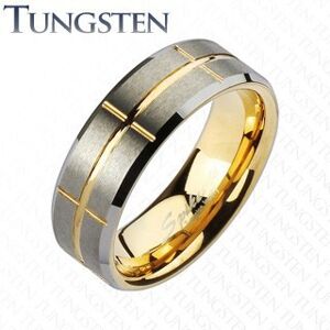 Dvoubarevný prsten z wolframu, zlatý a stříbrný odstín, zářezy, 8 mm - Velikost: 52