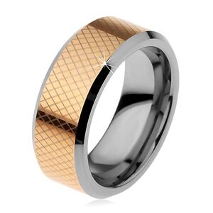 Dvoubarevný wolframový prsten, drobné kosočtverce, zkosené okraje, 8 mm - Velikost: 54