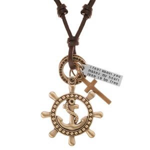 Kožený náhrdelník hnědé barvy, přívěsky - kormidlo s kotvou, kříž, známka