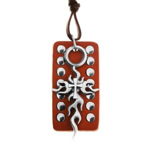 Kožený náhrdelník, nastavitelný - hnědá okovaná známka, Tribal kříž