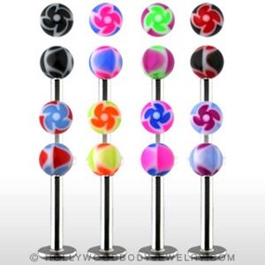 Labret - barevné kuličky s ornamentem spirály - Barva piercing: Černá - Červená