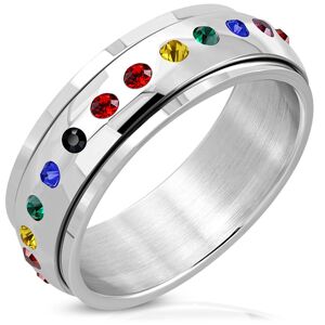 Lesklý ocelový prsten - otáčivý střed, zirkony v barvách duhy - Velikost: 62