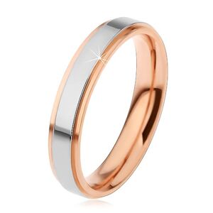 Lesklý ocelový prsten, vyvýšený pás stříbrné barvy a měděné okraje, 4 mm - Velikost: 59