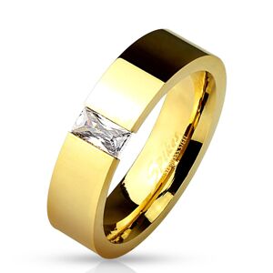 Lesklý ocelový prsten zlaté barvy, vsazený obdélníkový čirý zirkon, 6 mm - Velikost: 59