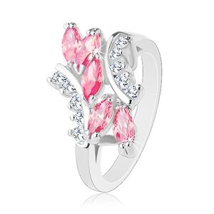 Lesklý prsten stříbrné barvy, růžová zirkonová zrnka, čiré zirkonky - Velikost: 54
