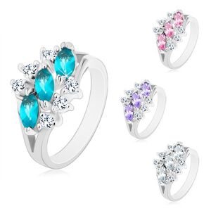 Lesklý prsten ve stříbrném odstínu, tři zirkonová zrnka, čiré zirkonky - Velikost: 50, Barva: Aqua modrá