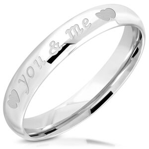 Lesklý prsten z oceli 316L - nápis "you & me", dvojice symetrických srdíček, 3,5 mm - Velikost: 54