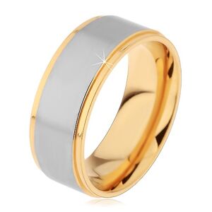Lesklý stříbrno-zlatý ocelový prsten se dvěma zářezy - Velikost: 64