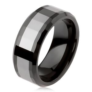 Lesklý wolframový prsten, dvoubarevný, geometricky broušený povrch - Velikost: 49