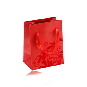 Malá papírová taštička na dárek, matný povrch v červeném odstínu, sametový ornament