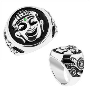 Masivní prsten, ocel 316L, stříbrná barva, černá glazura, usmívající se Budha - Velikost: 61