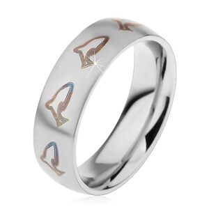 Matný prsten z chirurgické oceli, hnědočerné kontury delfínů, 6 mm - Velikost: 59