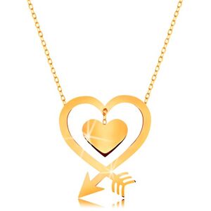 Náhrdelník ve žlutém 9K zlatě - tenký řetízek, kontura srdce ze šípu, srdíčko