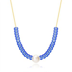Náhrdelník z 9karátového žlutého zlata - bílá kultivovaná perla, modré kamínky