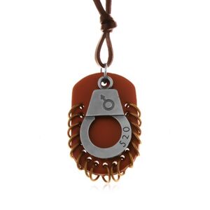 Nastavitelný kožený náhrdelník - pouta s číslem, hnědá známka s kruhy