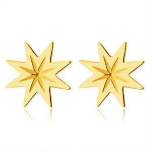 Náušnice z 9K zlata - osmicípá hvězdička s rýhováním, lesklý hladký povrch, puzetky