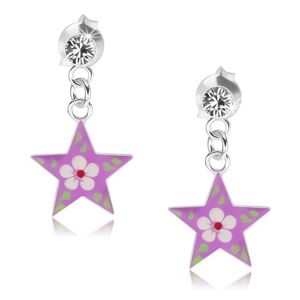 Náušnice ze stříbra 925, čirý krystalek, fialová hvězda s barevným květem