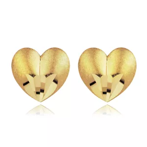 Náušnice ze žlutého 14K zlata - vypouklé strukturované srdce, zkosená špička