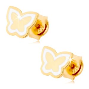 Náušnice ze žlutého 9K zlata - lesklý plochý motýlek, kontura z bílé glazury