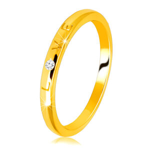 Obroučka ve žlutém 9K zlatě - nápis "LOVE" se zirkonem, hladký povrch, 1,5 mm  - Velikost: 58