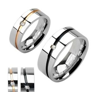 Ocelové snubní prsteny stříbrný, zlatý pruh, černý pruh se zirkonem - Velikost: 64
