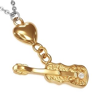 Ocelový náhrdelník - řetízek, zlaté srdce a kytara se zirkonem